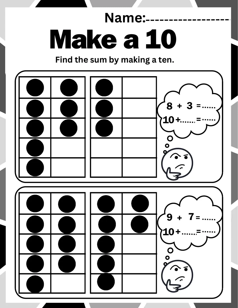 Find the sum by making a ten: ten frame dots model 8 + 3 and 9 + 7, with blanks for 10 + ___ and the total