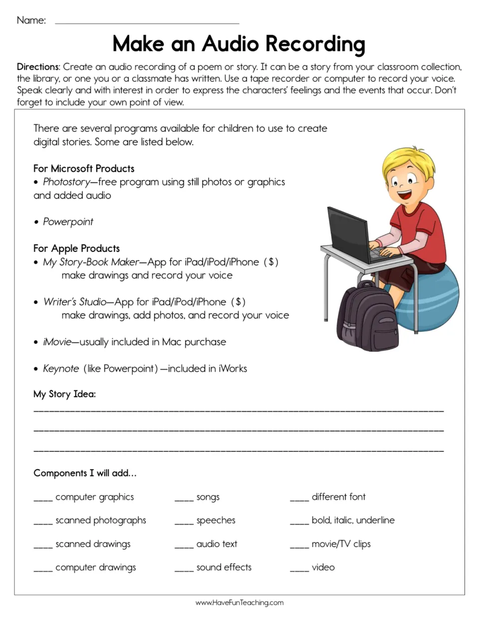 Audio recording planning worksheet: poem or story directions, software options, and a multimedia checklist