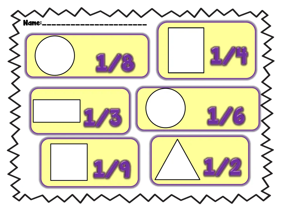 Partitioning practice: students draw lines to split blank circles, rectangles, a square and a triangle into unit fractions