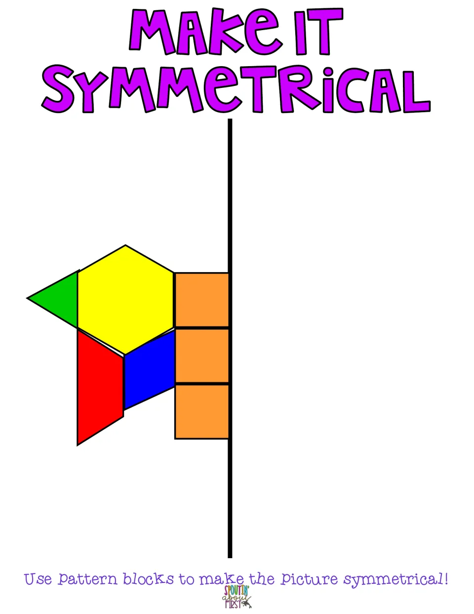 Line symmetry mat: students mirror a yellow hexagon, green triangle, red and blue rhombuses and 3 orange squares