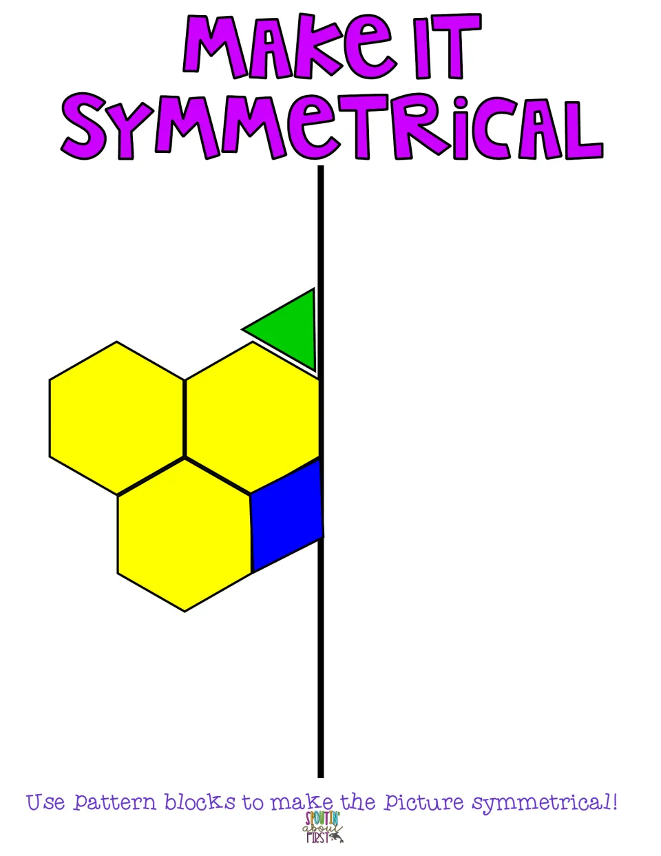 Pattern block symmetry mat: students mirror 3 yellow hexagons, a blue rhombus and a green triangle across the line
