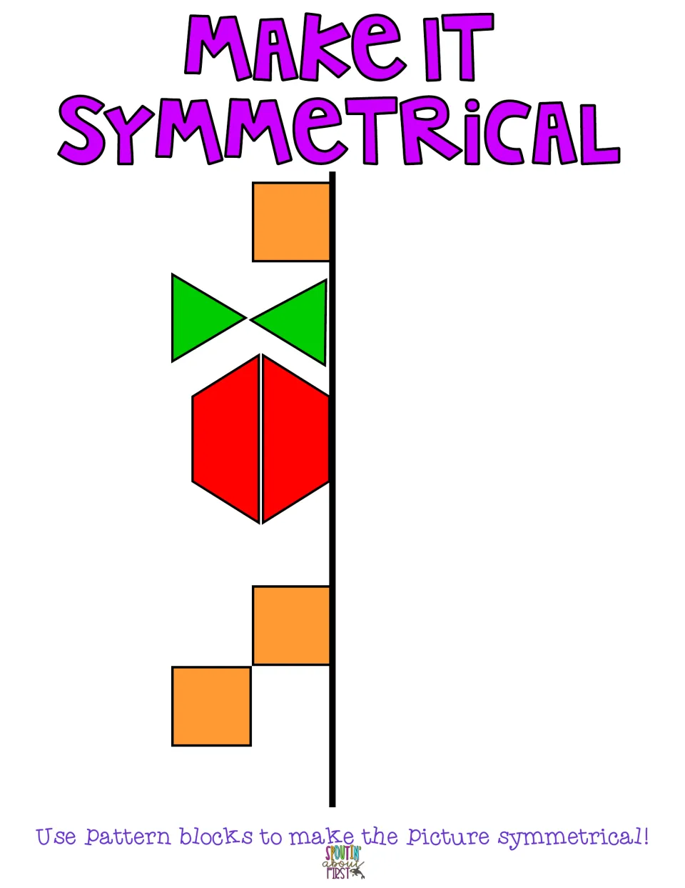 Symmetry mat: students mirror 3 orange squares, 2 green triangles and 2 red trapezoids set against the center line