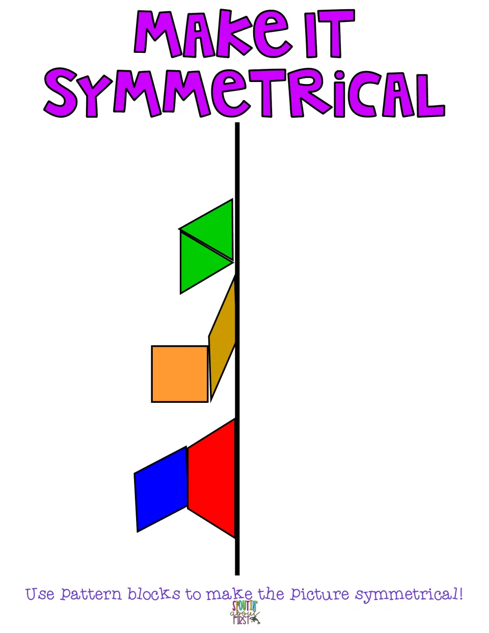 Reflection mat: students mirror 2 green triangles, a tan rhombus, an orange square, a red trapezoid and a blue rhombus