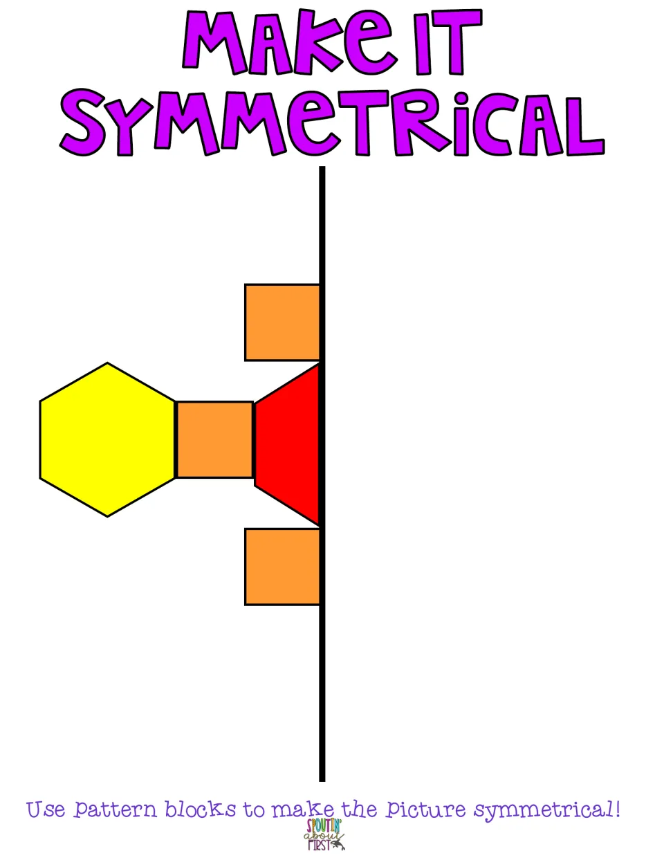 Mirror-image mat: students copy a yellow hexagon, 3 orange squares and a red trapezoid onto the empty side of the line