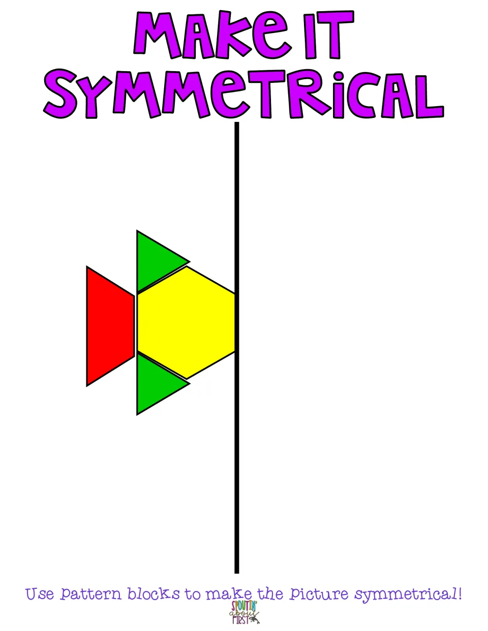 Half design to finish: students reflect a yellow hexagon, 2 green triangles and a red trapezoid across the line