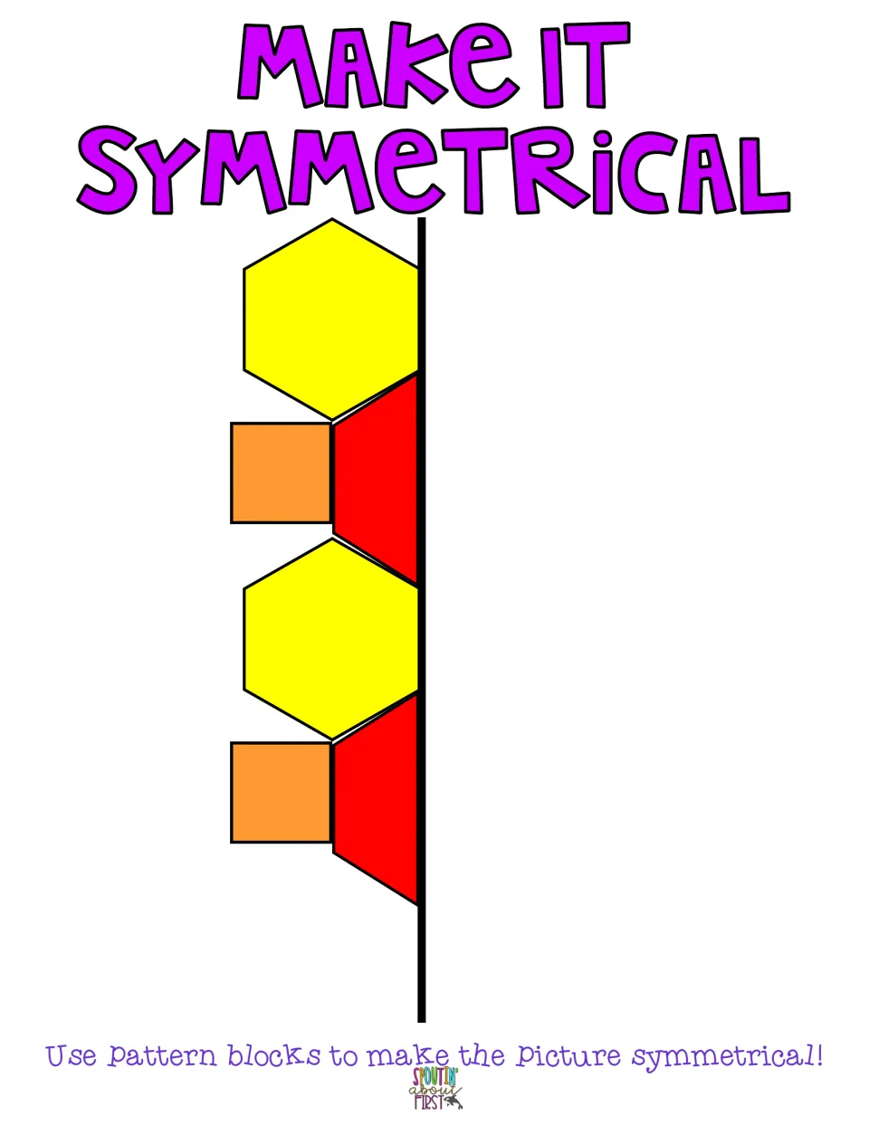 Stacked design: students reflect 2 yellow hexagons, 2 red trapezoids and 2 orange squares across the line of symmetry