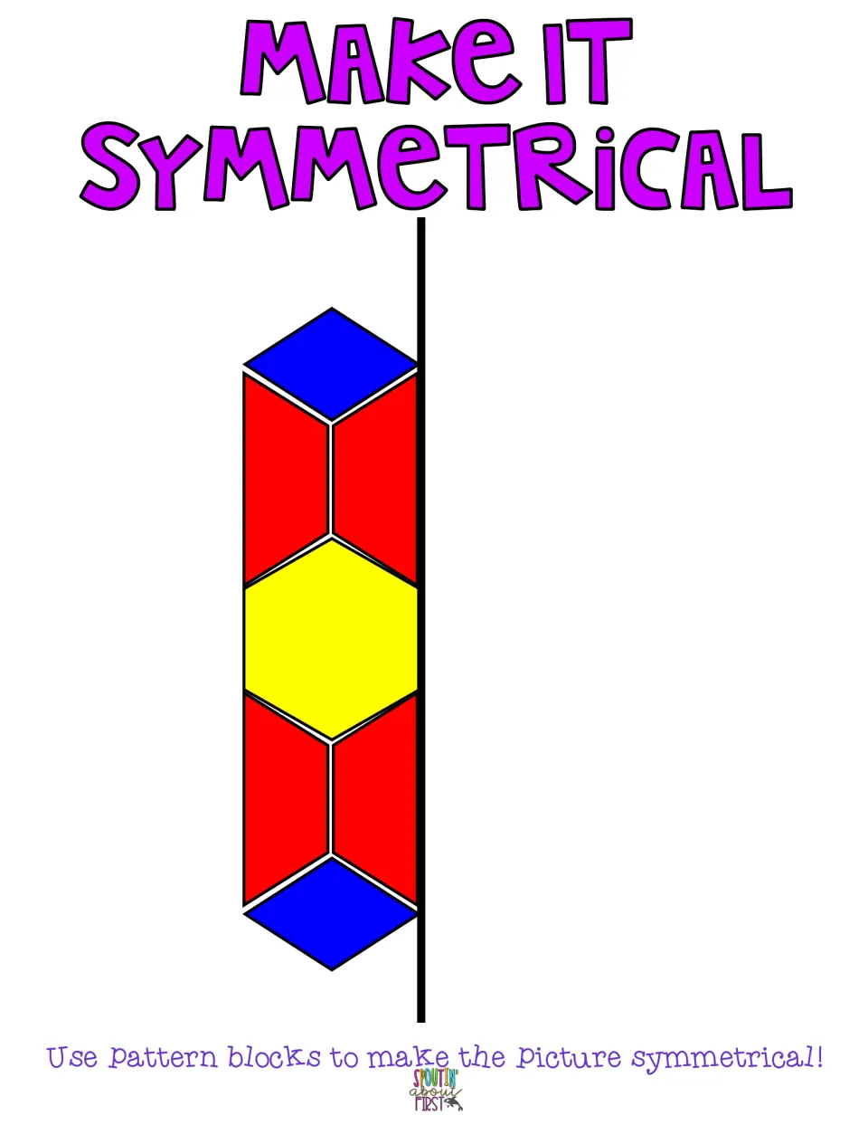 Tall design: students reflect 2 blue rhombuses, 4 red trapezoids and a yellow hexagon across the line to complete it