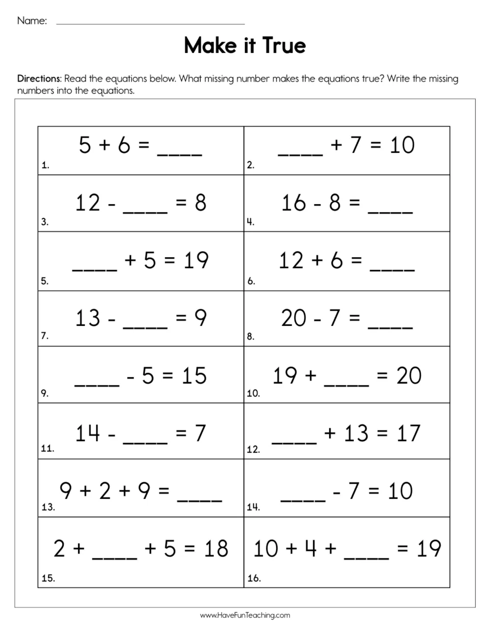 Missing-number practice: 16 addition and subtraction equations, including 5 + 6 = ___ and ___ + 7 = 10