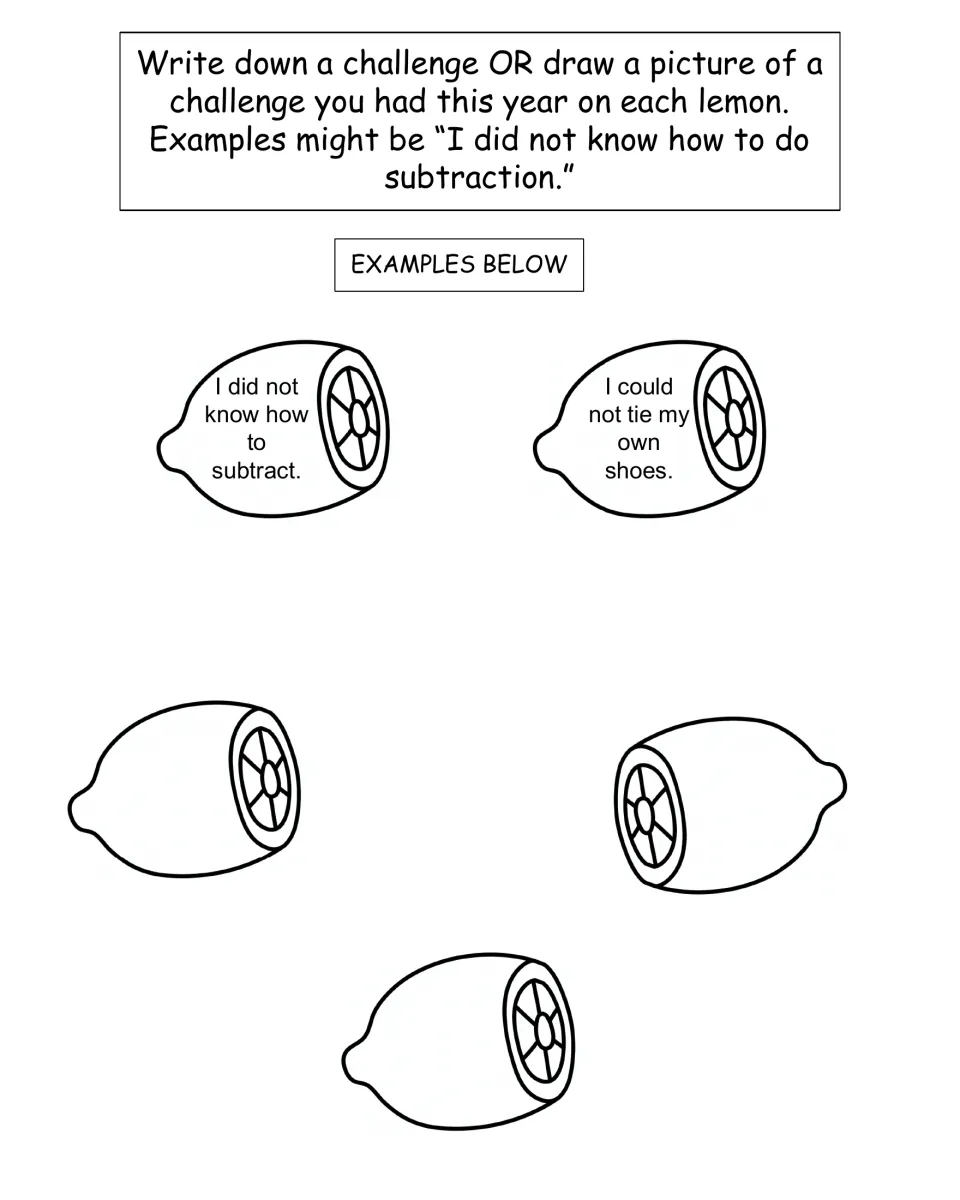 Challenge lemon sheet with three blank lemons and two examples: learning subtraction and tying shoes.