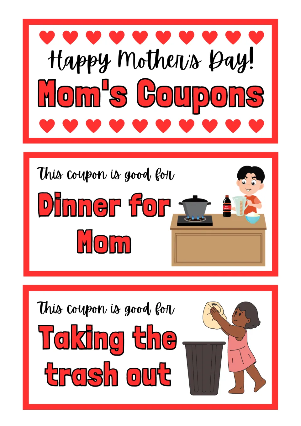 Mother's Day coupon title card and coupons 1–2: Dinner for Mom and Taking the trash out.