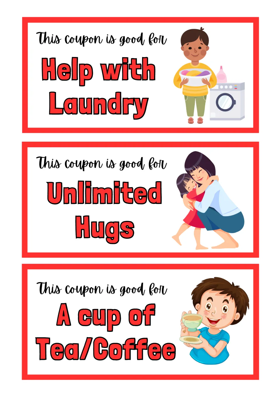 Mother's Day coupons 3–5: Help with Laundry, Unlimited Hugs, and A cup of Tea/Coffee.