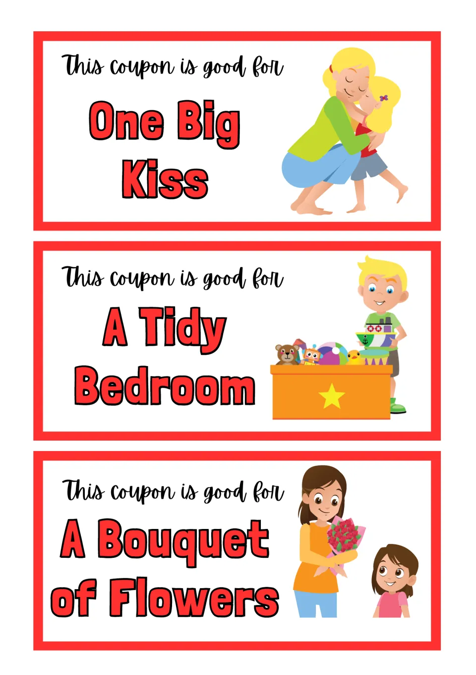 Mother's Day coupons 6–8: One Big Kiss, A Tidy Bedroom, and A Bouquet of Flowers.