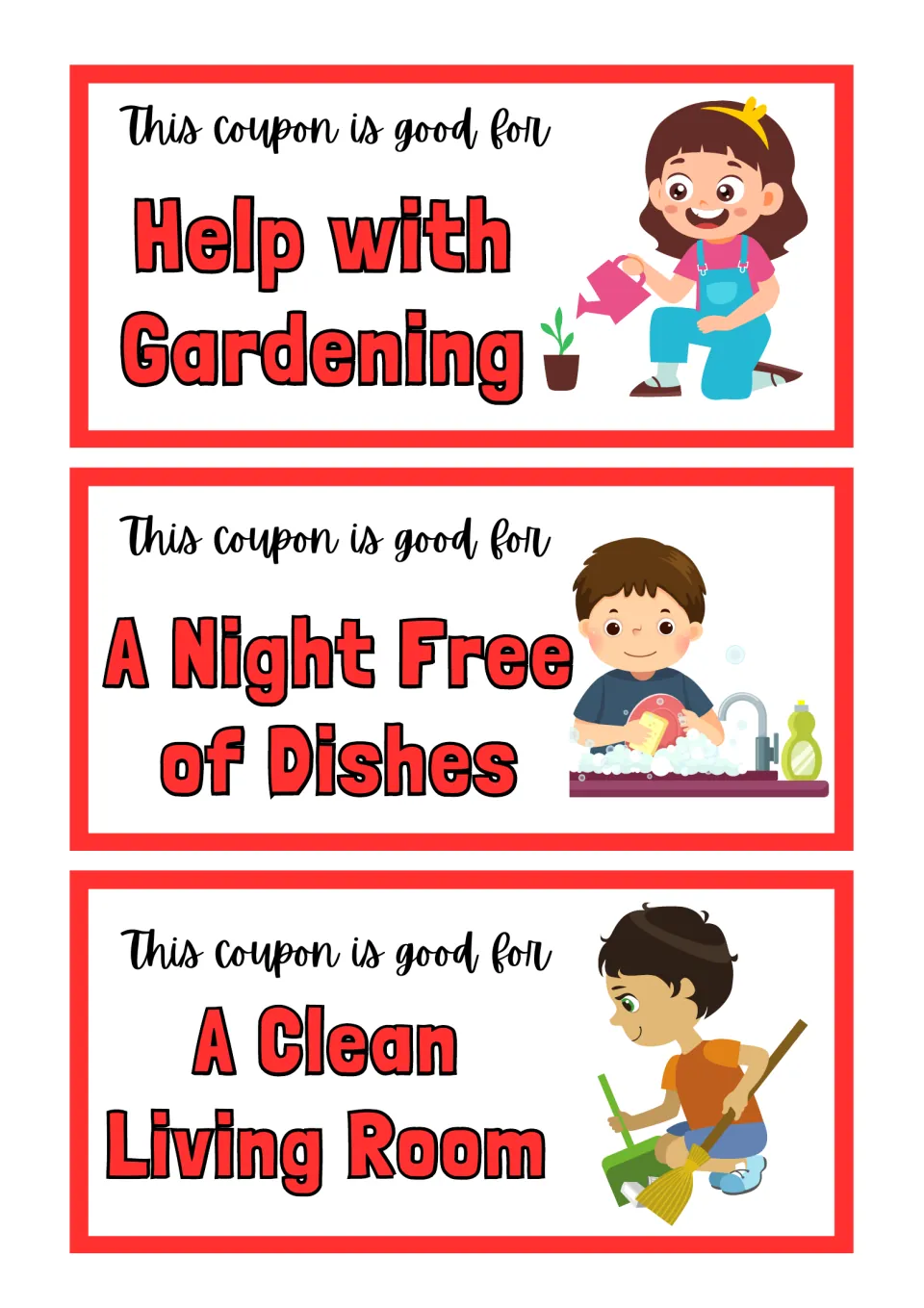 Mother's Day coupons 9–11: Help with Gardening, A Night Free of Dishes, and A Clean Living Room.
