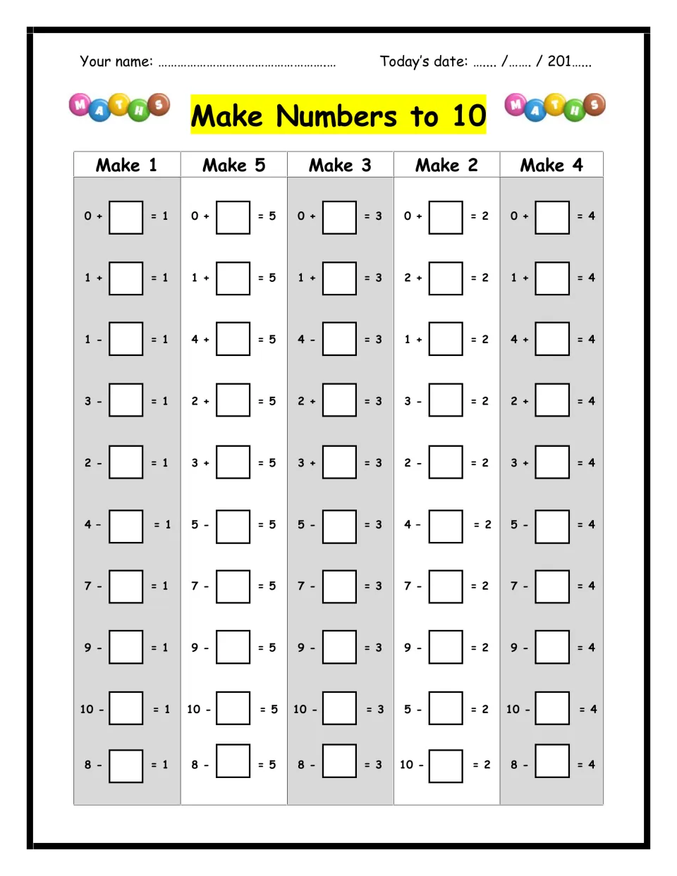 Make Numbers to 10: students write the missing number in 50 add and subtract facts that make 1, 5, 3, 2 and 4