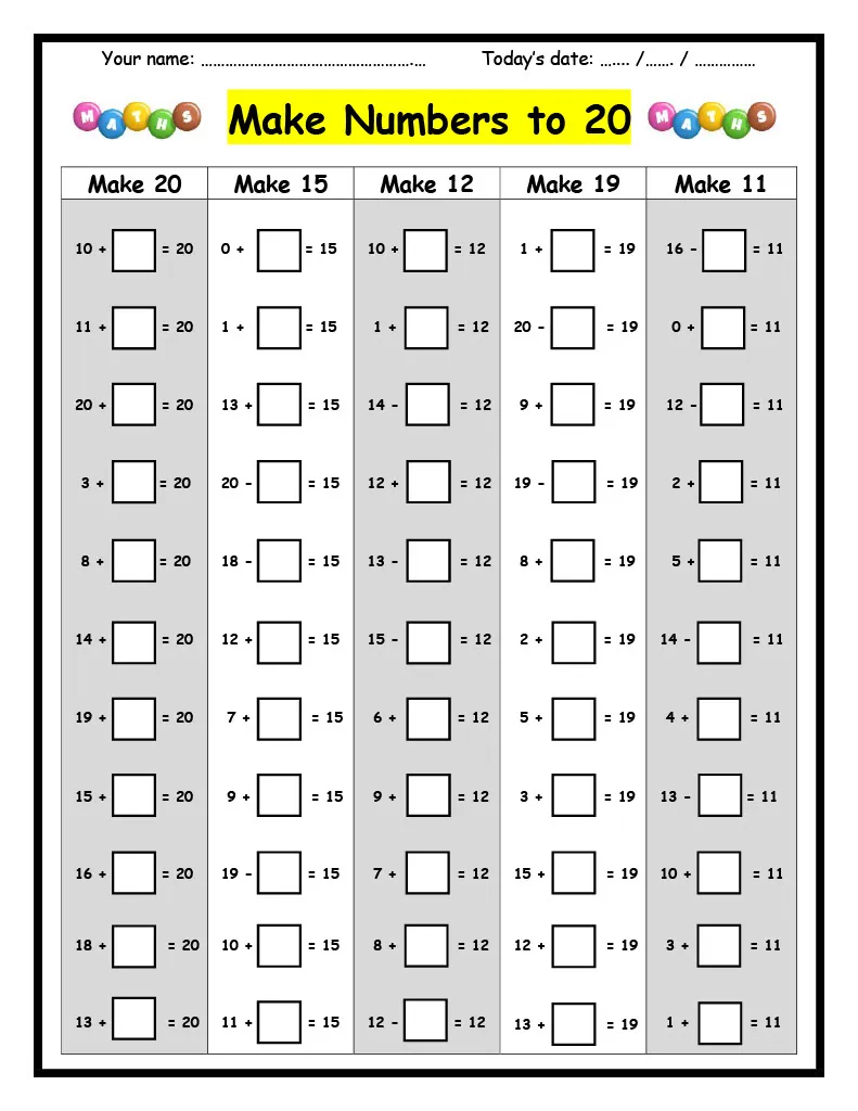 Make Numbers to 20 – 2-Page Math Worksheet – cover
