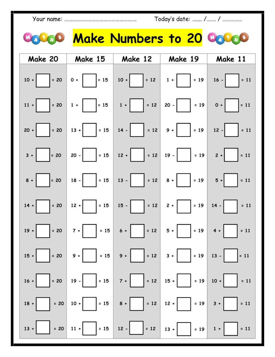 Missing numbers to 20: students fill the blank in 55 addition and subtraction facts that make 20, 15, 12, 19 and 11