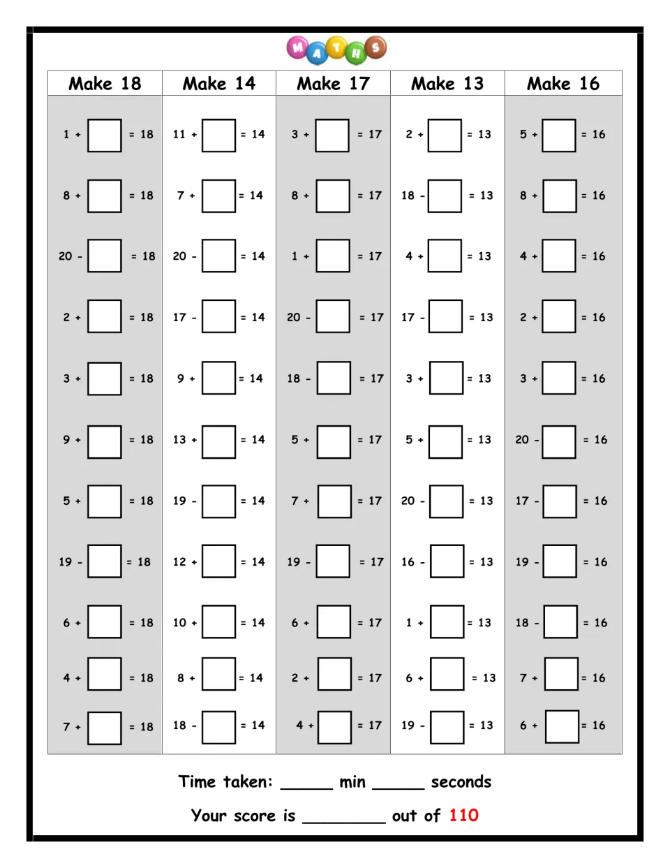 Missing numbers, part 2: students complete 55 facts making 18, 14, 17, 13 and 16, then log time and score out of 110