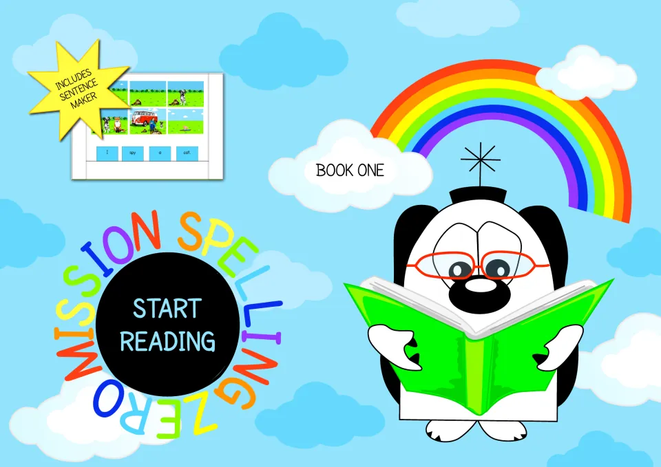 Mission Spelling Zero Book One cover with Start Reading badge, a cartoon reader and a sentence maker preview