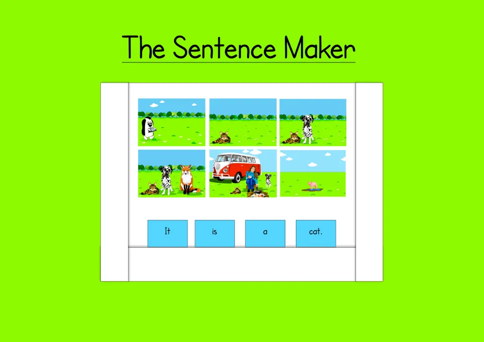 Sentence maker model: six picture scenes of a cat, dog, fox, van and pig above word cards that build It is a cat.
