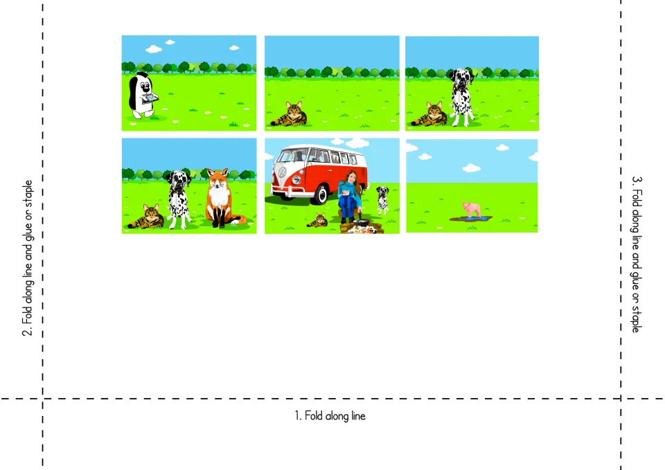 Sentence maker template: six scenes from cat to pig with numbered fold lines to glue or staple into a word-card folder