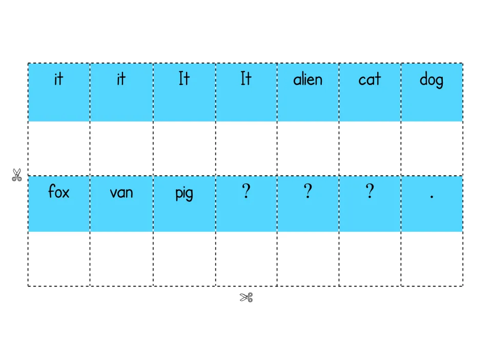 Noun and punctuation cut-out cards: it, It, alien, cat, dog, fox, van, pig, question marks and a period to arrange
