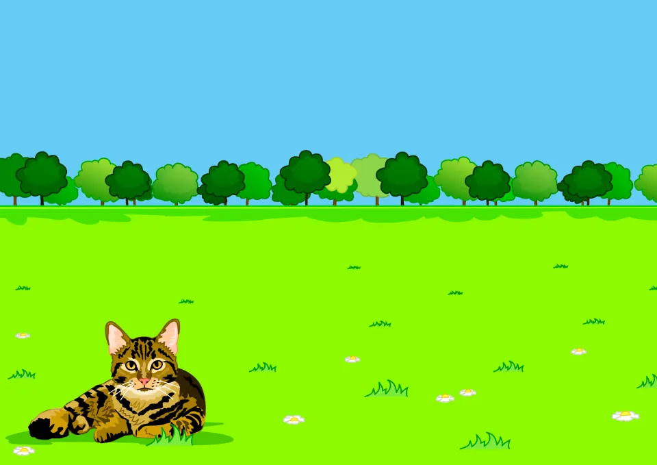 Story picture: a tabby cat lies in a grassy field under trees, the scene students match to the sentence It is a cat
