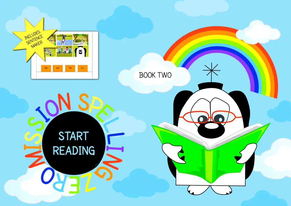 Mission Spelling Zero Book Two cover: Start Reading, includes a sentence maker, with a dog character reading a book