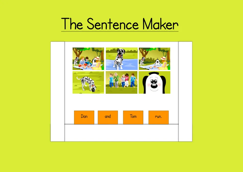 The Sentence Maker assembled: six picture prompts above orange word cards that build the sentence Dan and Tom run.