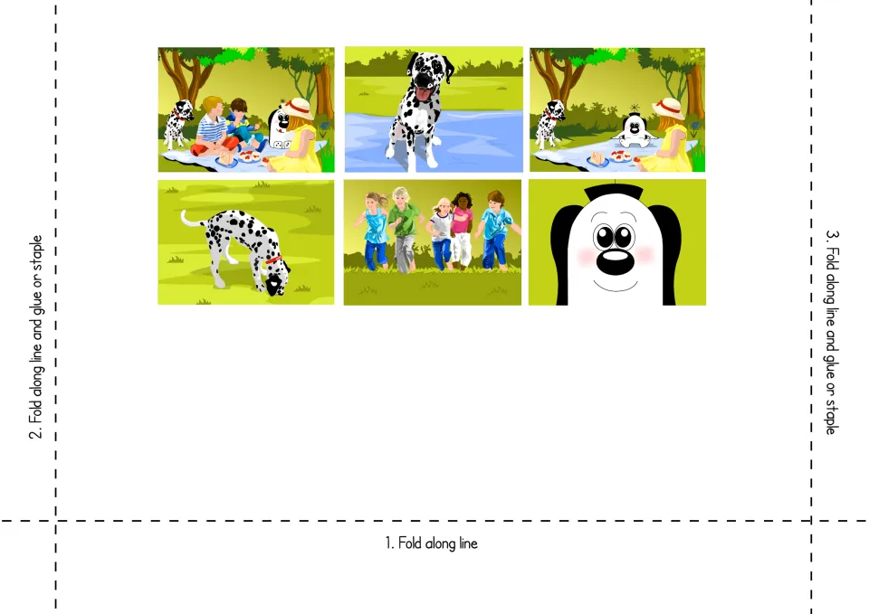 Sentence maker template: six picnic, dog and children pictures with numbered fold-and-glue steps for building the pocket