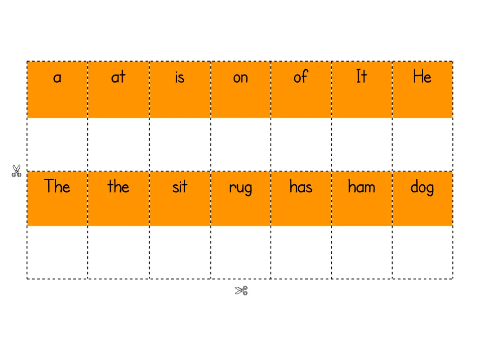 Word cards to cut out for sentence building: a, at, is, on, of, It, He, The, the, sit, rug, has, ham and dog