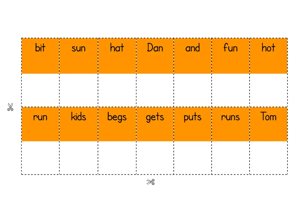 More word cards to cut out: bit, sun, hat, Dan, and, fun, hot, run, kids, begs, gets, puts, runs and Tom