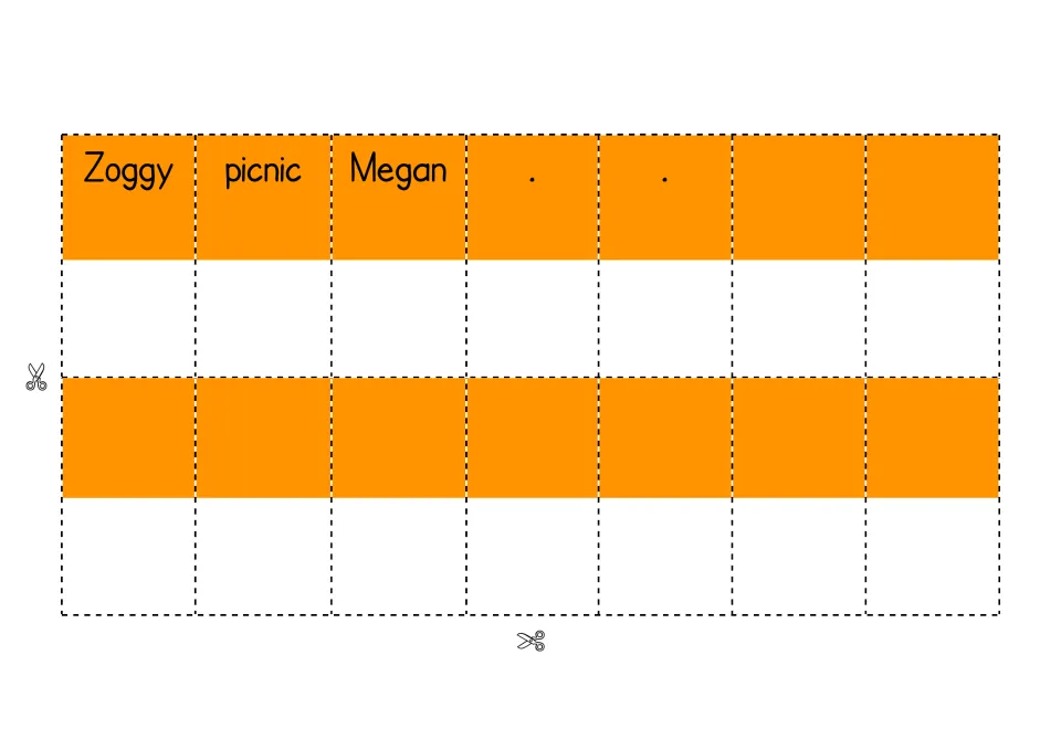 Final word cards to cut out: Zoggy, picnic, Megan and two full-stop cards, plus blank cards for students' own words