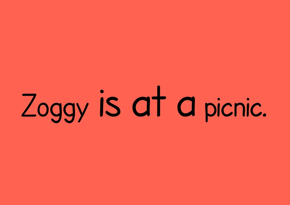 Reading sentence: Zoggy is at a picnic. Students read the sentence and rebuild it with word cards in the sentence maker