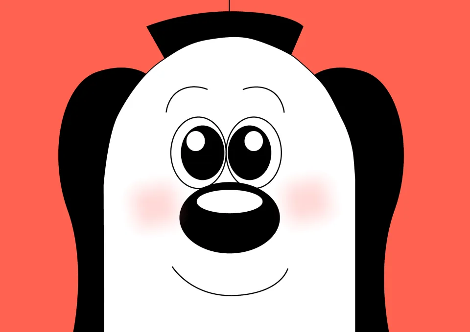 Full-page illustration of Zoggy, the smiling black-and-white dog character, on a red background with no words