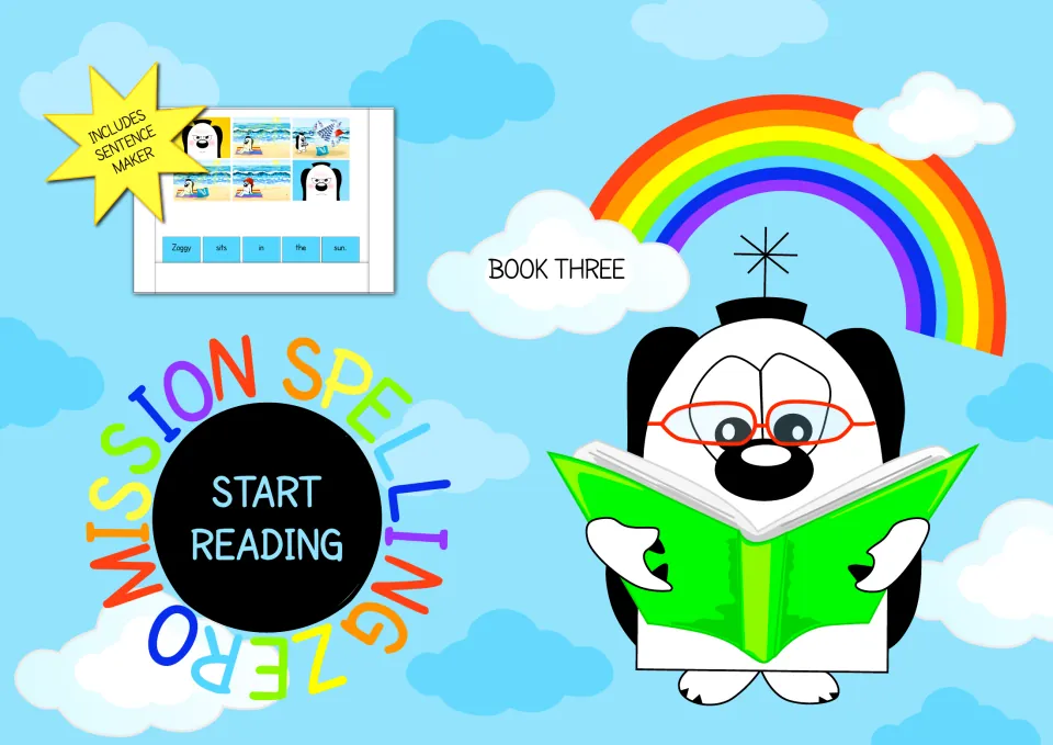Mission Spelling Zero Book Three cover: Zoggy reads a green book; a badge says Includes Sentence Maker