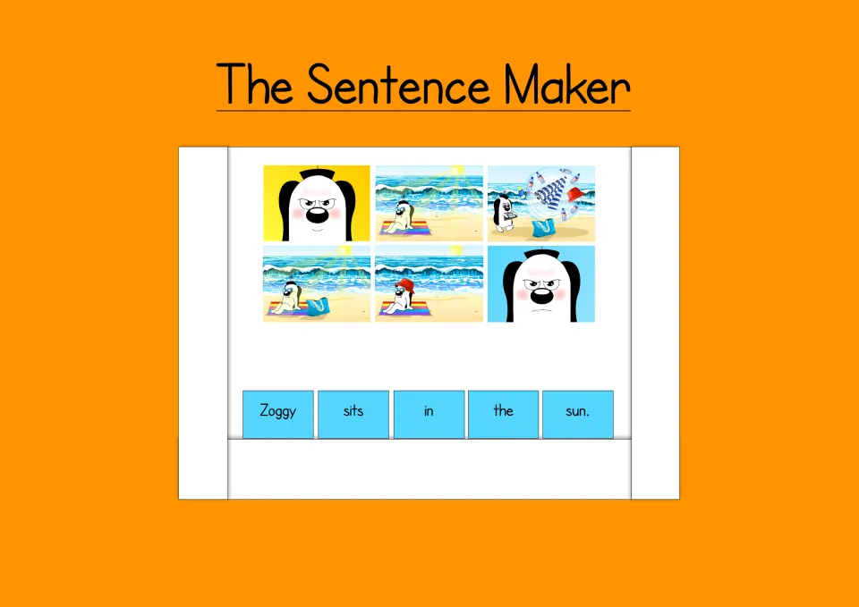Assembled example: six Zoggy beach pictures above word cards ordered to form the sentence Zoggy sits in the sun.