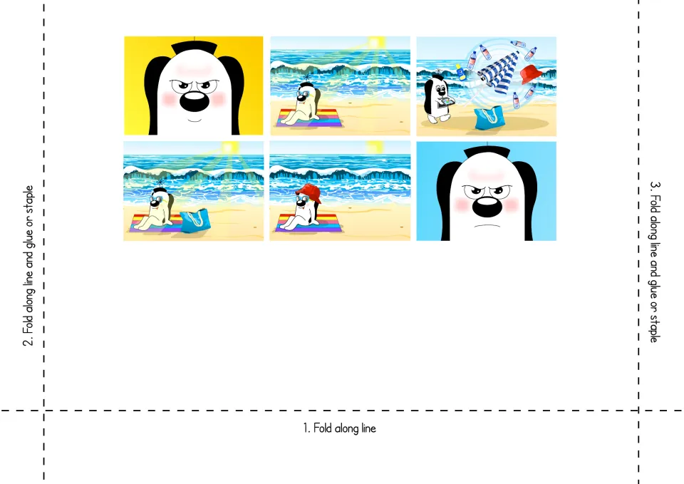Printable base: six Zoggy beach story pictures with numbered fold and glue or staple steps to make a sentence holder