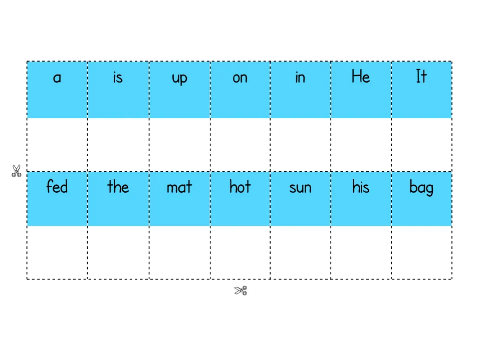 Word cards to cut out: a, is, up, on, in, He, It, fed, the, mat, hot, sun, his, bag for arranging into sentences