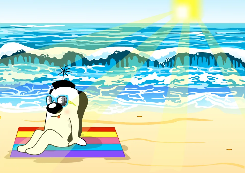 Picture page: Zoggy in sunglasses sits on a rainbow beach towel by the waves in bright sun, matching the mat sentence