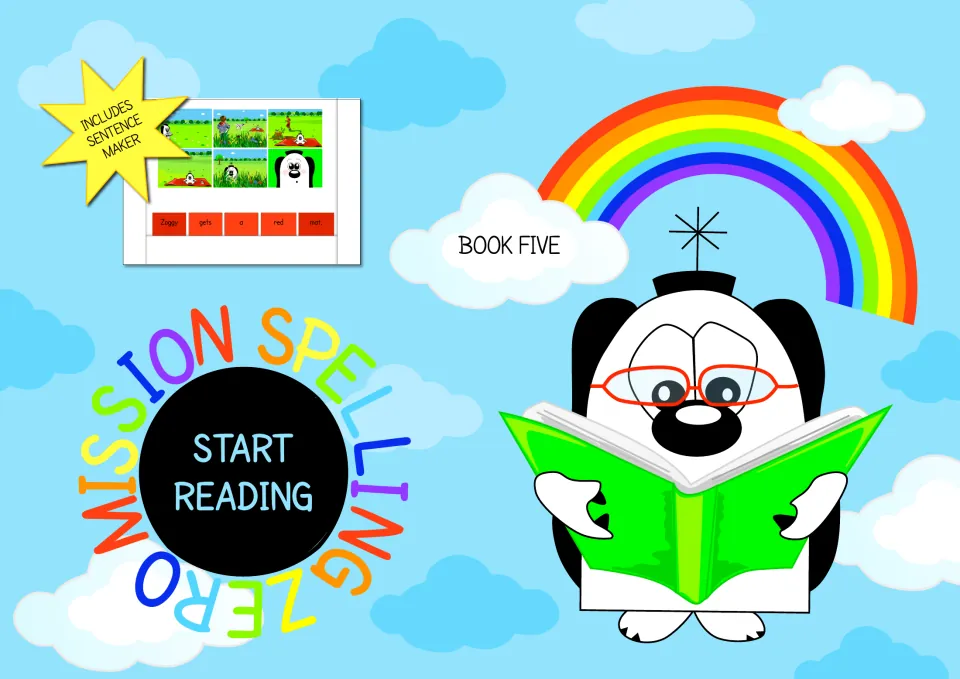 Mission Spelling Zero Book Five cover: Zoggy reads a book, with a sentence maker preview showing "Zoggy gets a red mat."