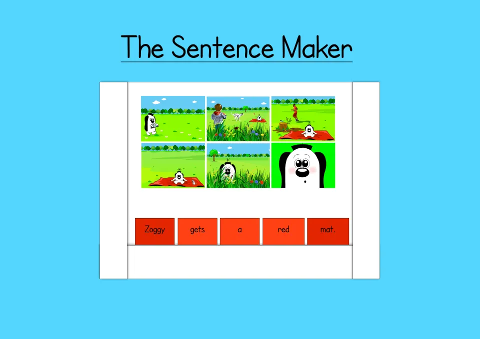 The Sentence Maker assembled: six story pictures of Zoggy above word cards that build the sentence "Zoggy gets a red mat."