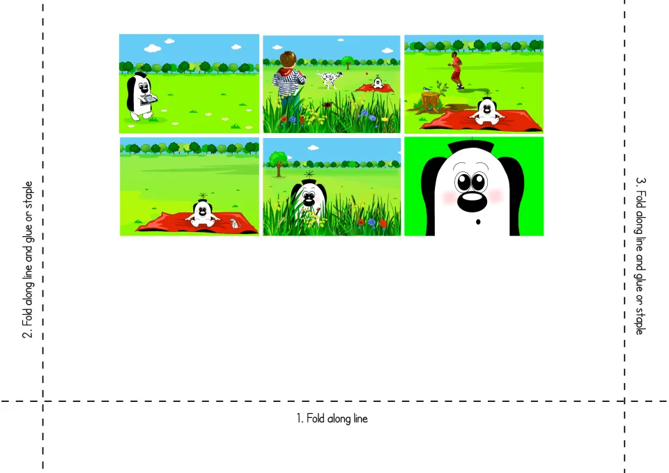 Sentence maker template: six story pictures of Zoggy in a park, with numbered fold and glue steps to assemble it