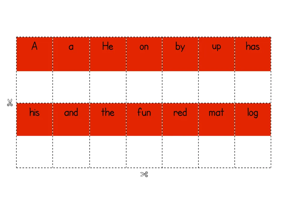 Word cards to cut out for sentence building: A, a, He, on, by, up, has, his, and, the, fun, red, mat and log