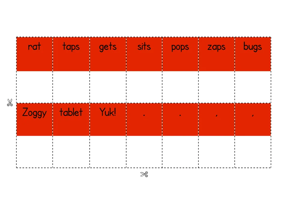 More cut-out word cards: rat, taps, gets, sits, pops, zaps, bugs, Zoggy, tablet and Yuk!, plus period and comma cards
