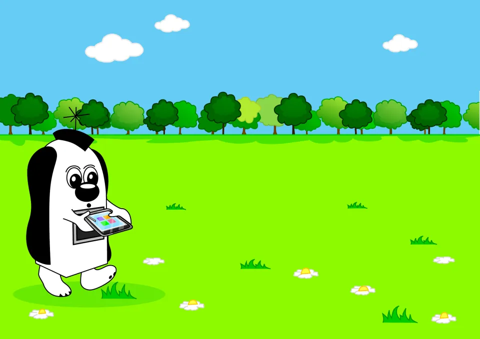Story illustration of Zoggy walking across a grassy park while tapping on a tablet, matching the line before it