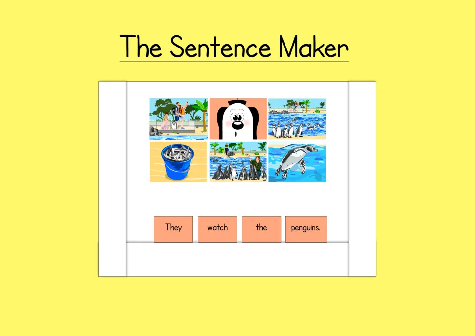 Sentence-maker model pairs six story pictures with word cards forming the sentence 'They watch the penguins.'