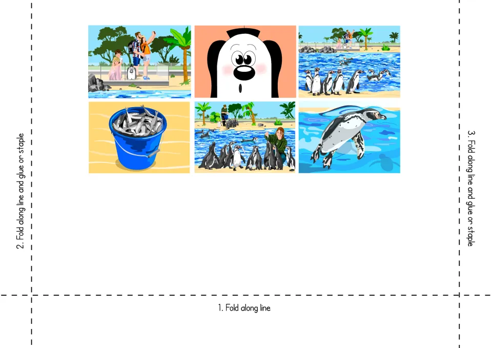 Sentence-maker holder template has six story pictures, including penguins and fish, plus assembly directions.
