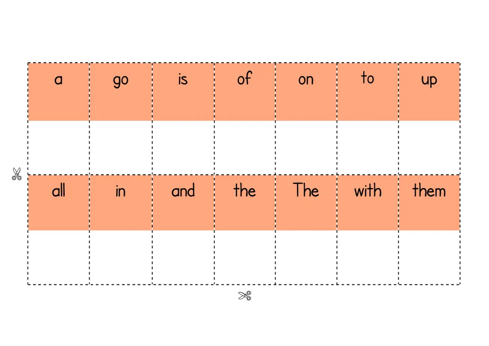 First sentence-maker cutout sheet has 14 word cards, including 'a,' 'go,' 'is,' 'of,' 'the,' 'The,' and 'them.'