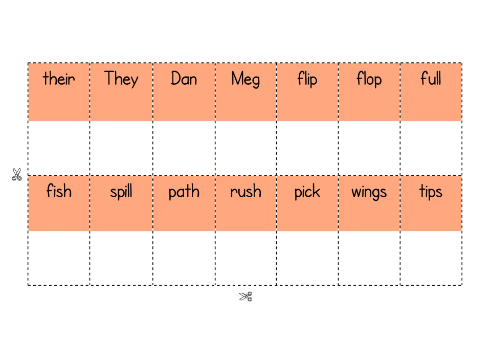 Second sentence-maker cutout sheet has 14 word cards, including 'their,' 'They,' 'Dan,' 'Meg,' and 'fish.'