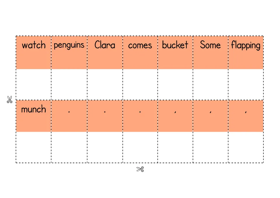 Third sentence-maker cutout sheet has eight words, including 'penguins' and 'Clara,' plus six punctuation cards.